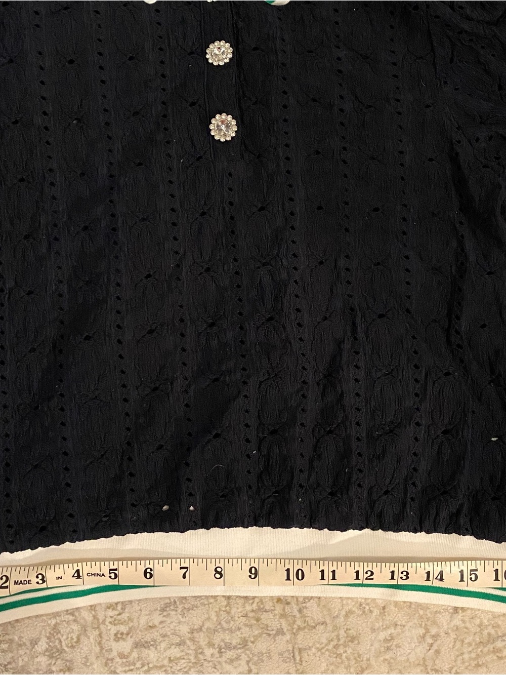 Maeve Knit Navy Polo Top with White & Green Trim and Crystal Buttons - Picture 10 of 11